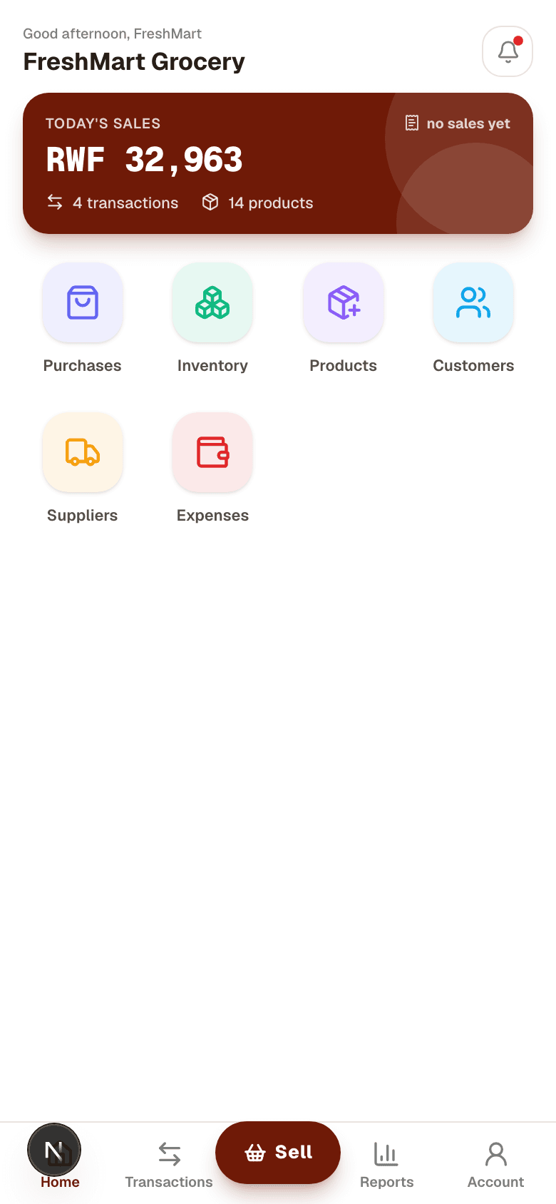 OneGemmy mobile app home screen showing today's sales, in sync with the same account