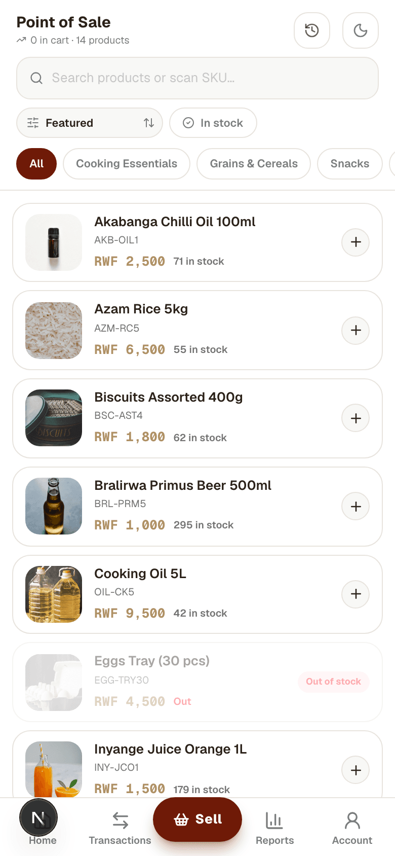 OneGemmy mobile point of sale screen with the product list
