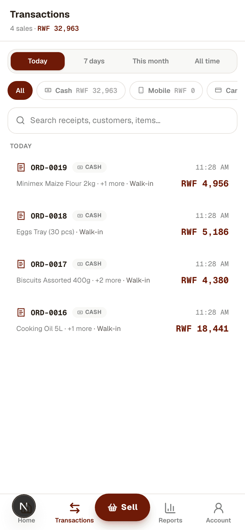 OneGemmy mobile transactions screen listing recent sales